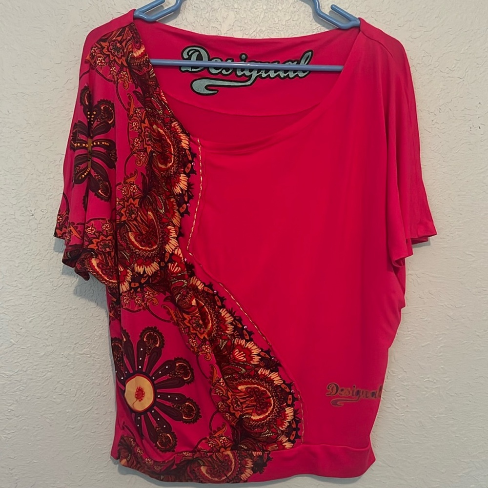 Desigual short sleeve shirt with floral design and rhinestones, size M